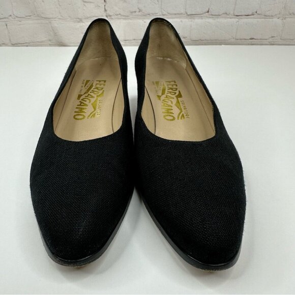 Salvatore Ferragamo Women’s Black Canvas Block Heel Designer Heels US 6.5 AA - Picture 6 of 16